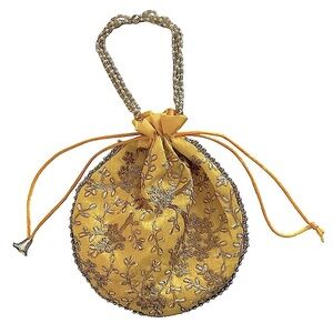 Ladies Indian Ethnic Potli Bag Pouch Yellow Embroidered Pearl Chain Handle